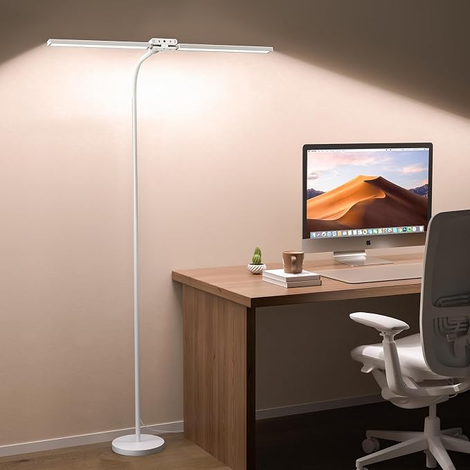 LED Floor Lamp, 24W Dual Head Dimmable Standing Lamp with Remote & Touch Control, Adjustable Gooseneck, 3000K-6500K Modern Reading Lamp for Living Room, Bedroom, Office & Crafts