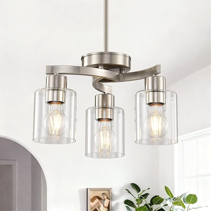Modern Dining Room Chandelier, 3-Light Brushed Nickel Pendant Light | Industrial Pendant Light, Clear Glass Shade, Adjustable Height, E26, Dimmable