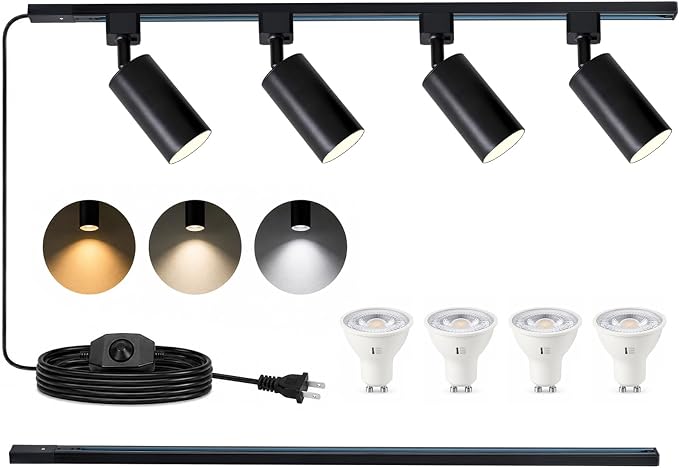 3-Color Plug in Track Lighting Dimmable with Power Cord, 4-Light Track Lighting Kit with 3.3FT H Type Track Lighting Rails, Modern Kitchen LED Track Lighting Fixtures Ceiling Spot Light, Black