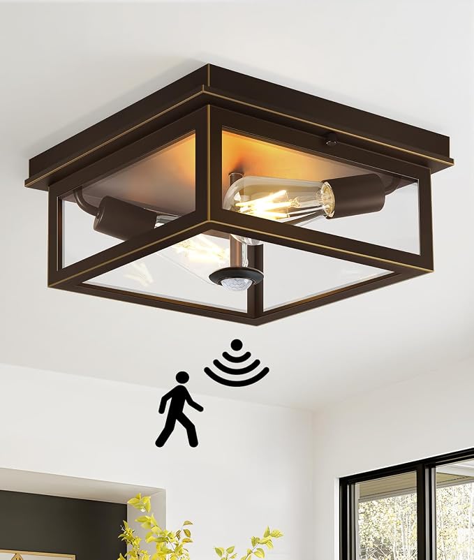 Motion Sensor Outdoor Ceiling Light with Remote, 12.2 Inch Oil Rubbed Bronze Flush Mount Porch Light Fixture with United Glass Cover, 5 Modes Outside Flush Mount Light for Porch, Garage, Patio