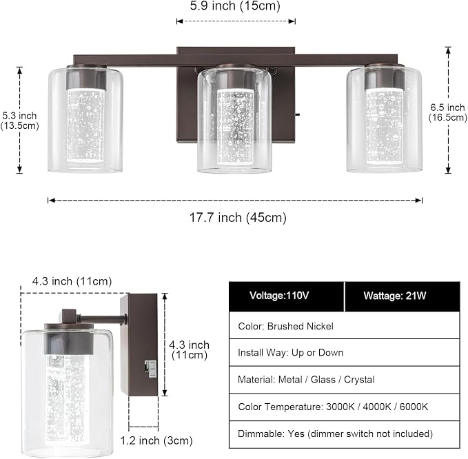 SineRise 3-Light Bronze Vanity Light with 3 Color Modes (3000K/4000K/6000K), Eye Protection LED Bathroom Light Fixture, Dimmable Modern Wall Light Over Mirror with Clear Glass Shade