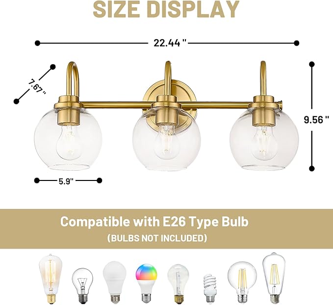 Gold Vanity Light, 3 Light Bathroom Light Fixtures, Modern Bathroom Vanity Lights Fixtures Over Mirror with Clear Glass Globe Shade, Gold Wall Sconces for for Mirror Bathroom Hallway (E26 Base)