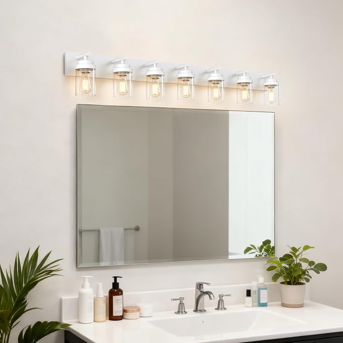 IZORRO Bathroom Vanity Light Fixture, 7-Light 52 inch White Bathroom Light Fixtures Over Mirror, with Clear Glass Shade, Modern Farmhouse Vanity Lights, Rustic Restroom Lighting Fixtures