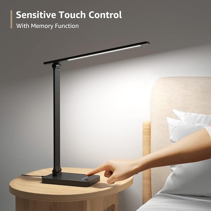 Lepro Desk Lamp with USB Charging Port for Home Office, 650LM 9.5W, Black | Dimmable Task Light, 5 Colors 5 Brightness, Eye Caring Table Lamp for Dorm Room, Sewing, Crafting, Reading, Nail, Drafts