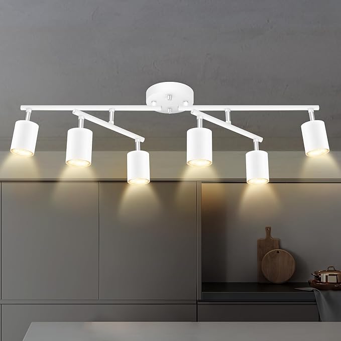 Track Lighting Fixture Ceiling, 30" Modern LED Track Lighting Kit, White 6 Light Ceiling Light for Kitchen, Rotatable Spotlight Heads, Flexible Wall Mount Spot Lighting for Island/Bedroom(NO Bulb)