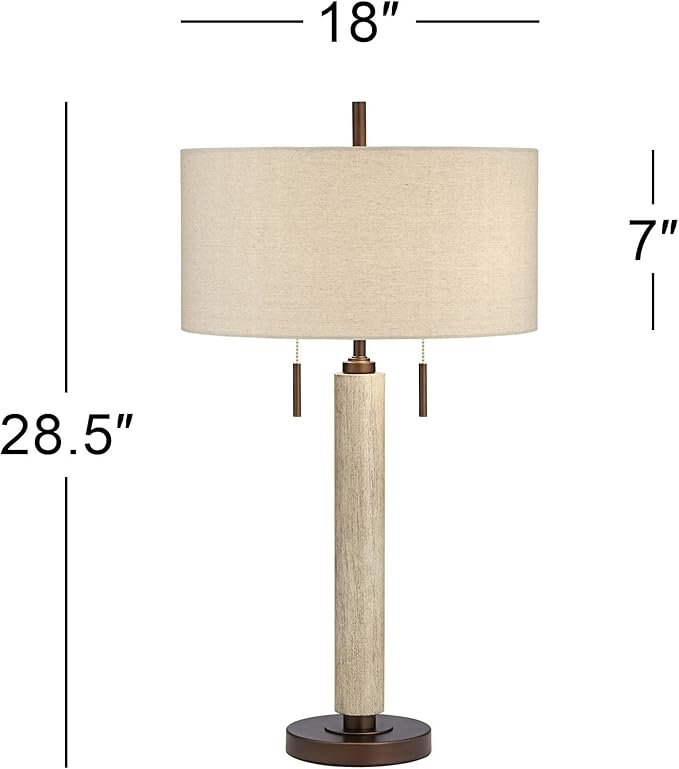 Franklin Iron Works Hugo 28 1/2" Tall Mid Century Modern Natural Cottage End Table Lamps Set of 2 USB Port Pull Chain White-Washed Wood Finish Oatmeal Shade Living Room Charging Bedroom Bedside
