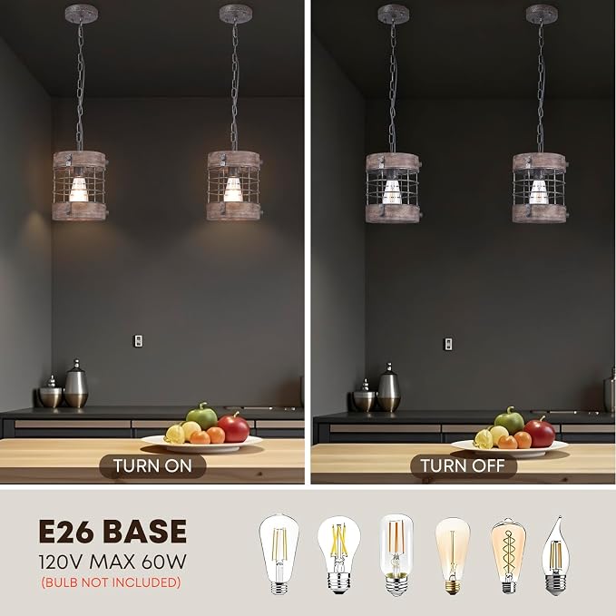 Farmhouse Pendant Light, Rustic Hallway Light Fixtures, Industrial Metal and Wood Chandelier 1-Light Round Cage, for Kitchen Island Foyer Hallway Bar Dining Room Entryway, D 7.9" X H 8.7" (Sliver)