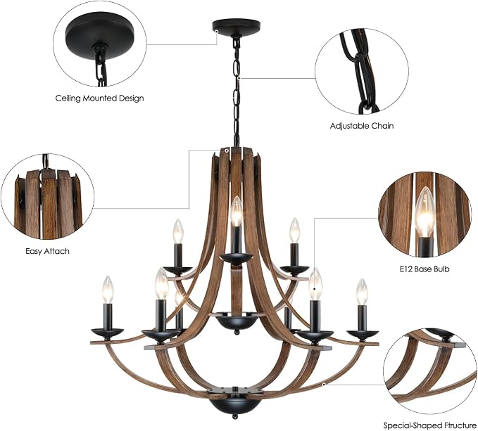 LAMPKEDUO Farmhouse Chandeliers for Dining Room Light Fixture,2 Tier 9-Light 31" Adjustable Height Retro Faux Wood Texture Rustic Light Fixtures for Living Room Bedroom Foyer Entryway