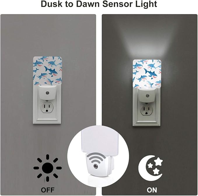 Cartoon Blue Sharks LED Plug-in Night Lamp 2 Piece Set, Auto Sensor Nightlights Set of 2 for Bedroom Bathroom Corridors