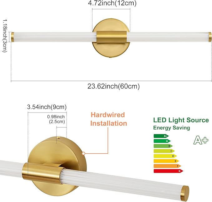 LED Bathroom Light Fixtures, Gold Vanity Lights for Bathroom, 360° Full Lighting Dimmable LED 23 inch Vanity Light Bar Over Mirror, Hardwired Modern Wall Sconce Warm White for Bedroom Living Room