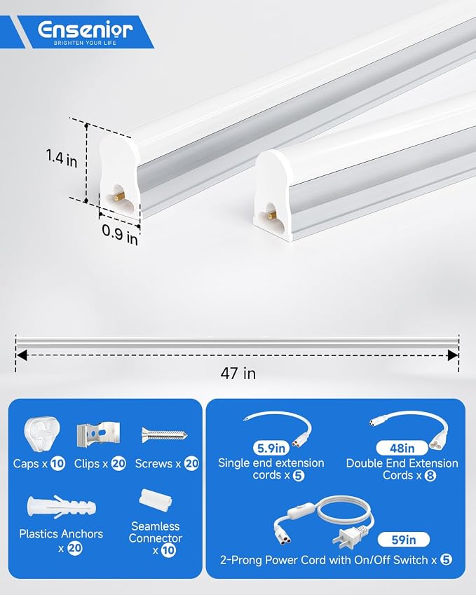 Ensenior 4FT LED Shop Lights, T5 6500K Super Bright Garage Lighting, 10Pack | Integrated utility light Fixture, linkable plug & play for gym, ceiling, under cabinet, basement & warehouse, 2000LM 20W, FCC