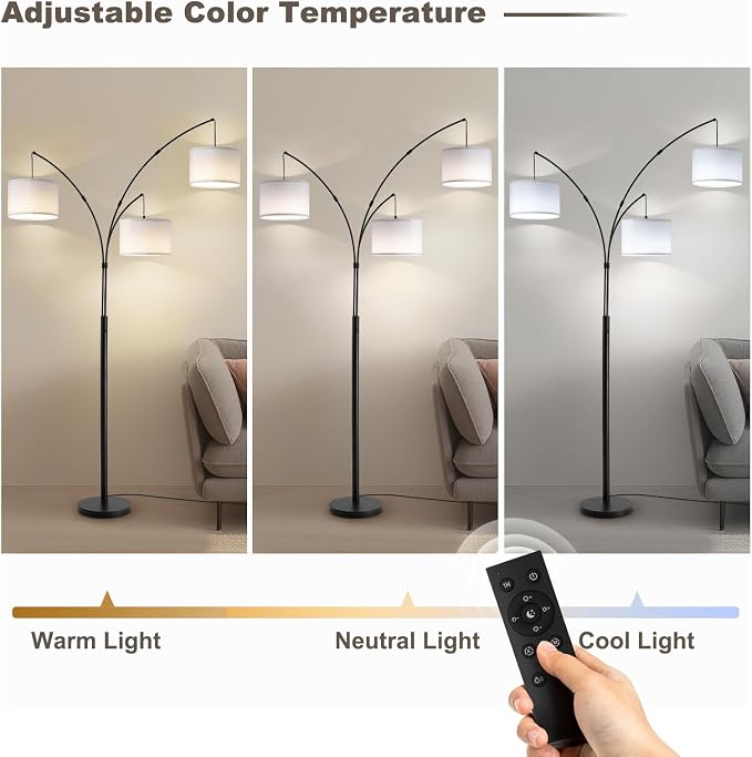 Floor lamp with Remote, 3 Light Arc Floor Lamps for Living Room, 2400LM Tall Standing Floor Lamps with White Shades, 80" Large Floor Lamp for Bedroom, Office