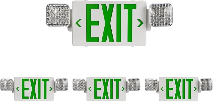 Green LED Exit Sign Emergency Light Combo, UL Listed Battery Backup | UL-listed commercial fire exit sign features 90-min battery backup, 360° rotating dual heads, and easy dual-mount setup.
