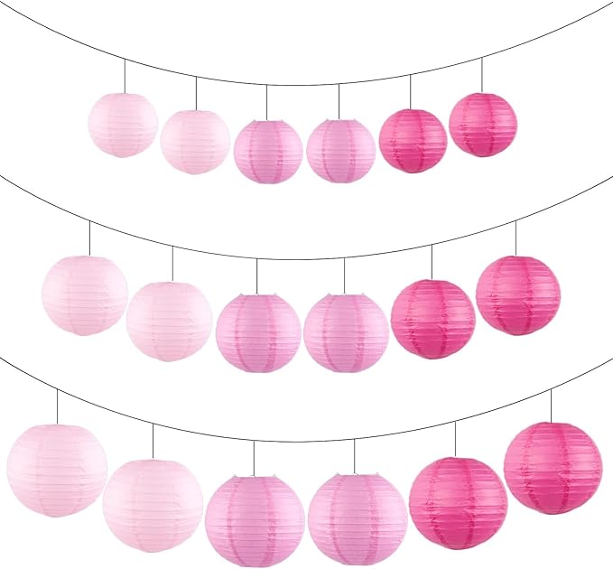 Chinese Paper Lanterns for Birthday Party Decorations – Hanging Rainbow Lanterns for Ceiling Decor, Classroom, Wedding, and Home Party – Pack of 18,Pink and Rose Red(8/10/12-Inch)
