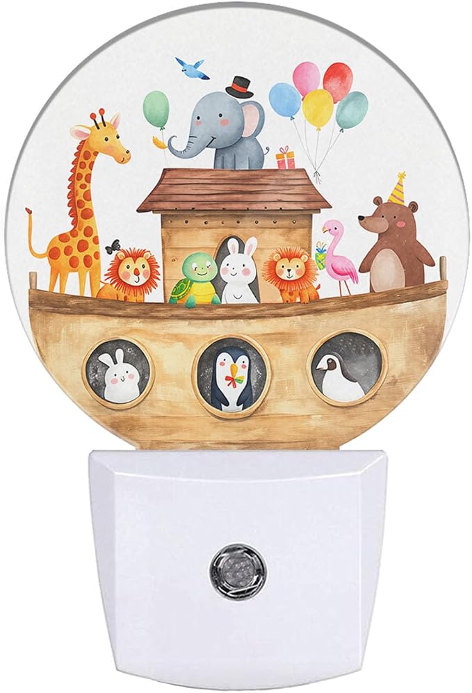 Cute Noah's Ark Night Light Ship with Animals Giraffe Rabbit Elephant Bear Birds Nightlight LED Round Lamp for Boys Girls