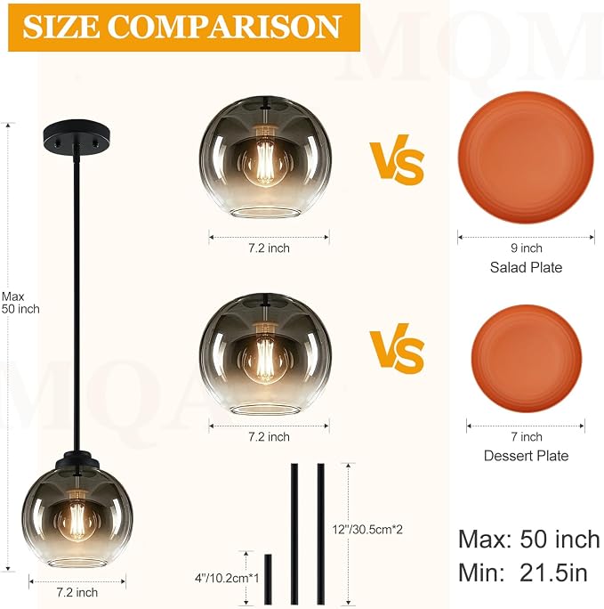 MQMQA 2 Pack Globe Pendant Lights, Mid Century Pendant Light Fixtures, Globe Pendant Lights Kitchen Island with Gray Glass Shade Adjustable Hanging Fixture for Dining Room (Bulbs not Included)