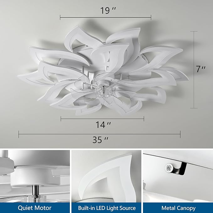 35" White Modern Ceiling Fan with Lights Remote Control, 6 Speeds 3 Light Color Low Profile Flush Mount Ceiling Fan with Light for Kitchen Living Room