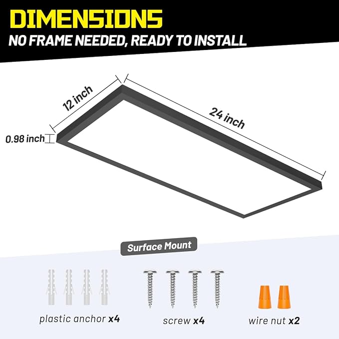 1x2 LED Flat Panel Light Surface Mount 2-Pack, Flush Mount Ceiling Light 24W 2880LM, 5CCT 3000K/3800K/4500K/5200K/6000K, Dimmable Panel Lights Black