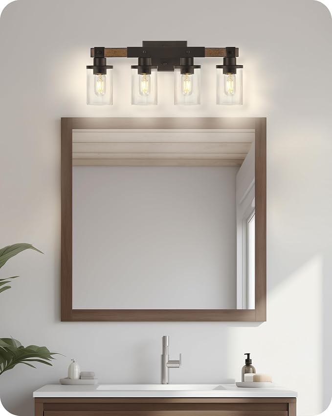 4-Light Bathroom Light Fixture, Farmhouse Vanity Lights for Bathroom with Glass Shade, Rustic Bathroom Light Fixtures, E26 Base F09BD05