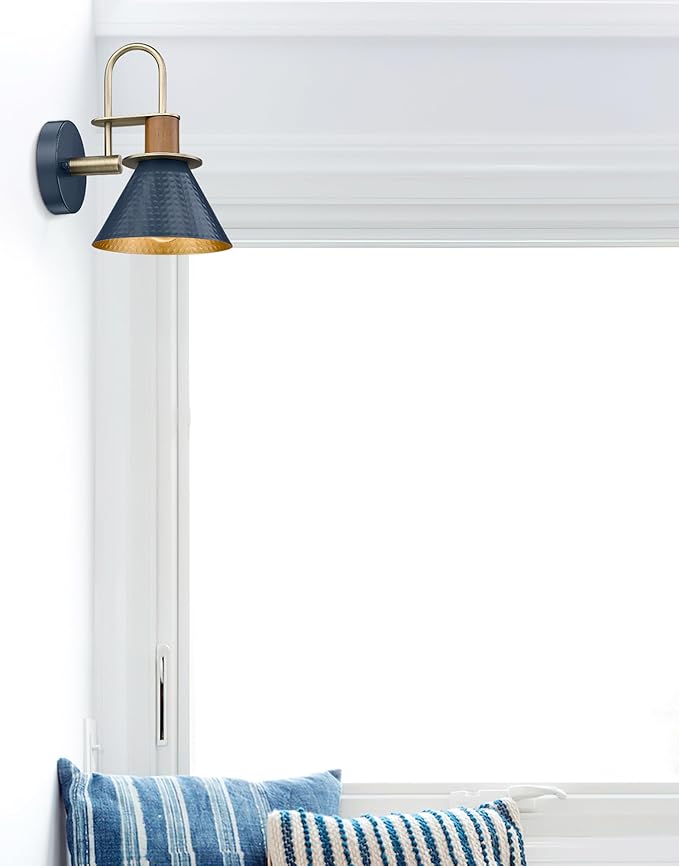 Rustic Wall Sconces Set of Two, HWH Indoor Wall Sconce 1-Light Barn Vanity Light, Hammered Barn Wall Lamp for Bathroom Bedroom Kitchen, Hammered Metal Shade, Navy Blue Finish, 5HZG74B-2L BL+BG