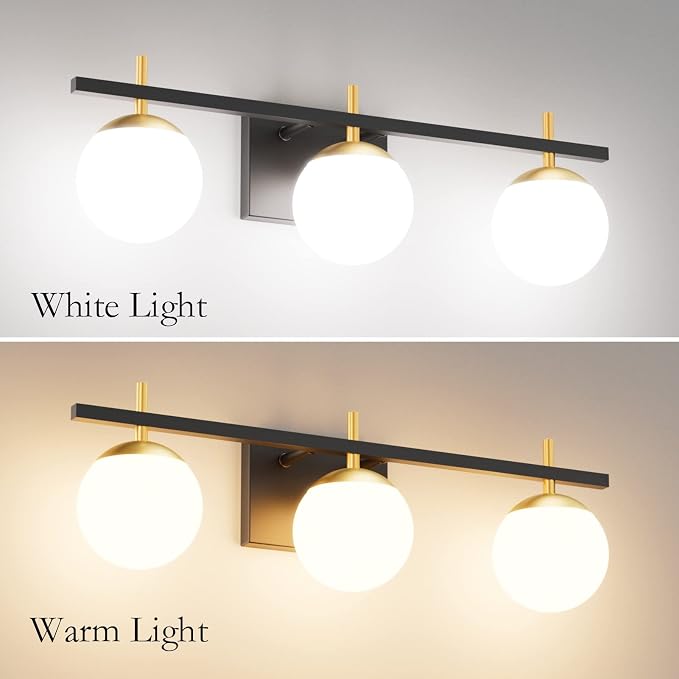 Ralbay Mid Century Modern Bathroom Vanity Lights Black and Gold Milky Glass Modern Bathroom Vanity Lights Over Mirror, Black/Golden 3-Light (Exclude Bulb)
