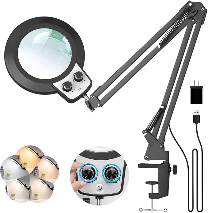 KIRKAS 12X Magnifying Glass with Light and Stand, Overhead Dual Knob | Lighted Magnifier Lamp for Workbench, Craft, Sewing, Repair, Reading, Real Glass Lens Stepless Dimming and Color (22IN Clamp)