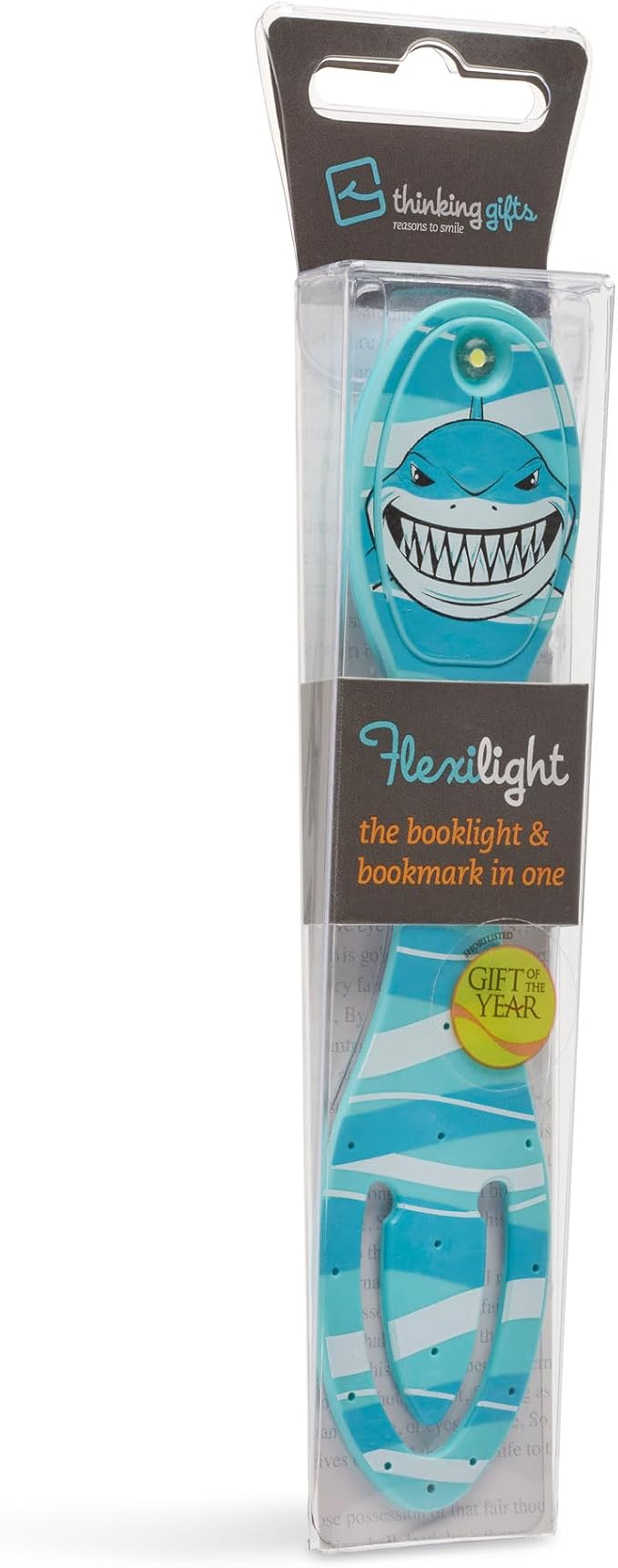 Gifts for Readers & Writers Book Light, Clip On Reading Light for Bed, 2in1 Flexilight & Bookmark, Small & Lightweight with a Soft Glow, 2 Batteries Included, Shark