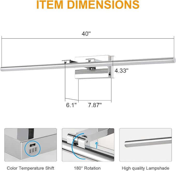 LED Bathroom Vanity Light, Modern Bathroom Light Fixture Over Mirror (3000K/4000K/6000K, Dimmable), Vanity Light Bar with Angle Adjustable, 40 Inch, Chrome