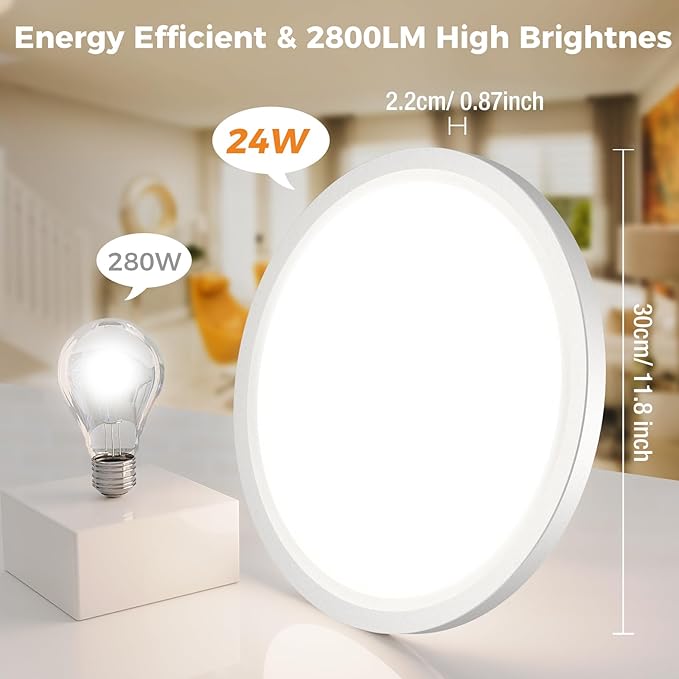 slochi 12Pack LED Flush Mount Ceiling Light,280W Equivalent Super Slim LED Ceiling Light, 3000K-6500K Selectable, 24W 2800Lm Round Light Fixture for Bedroom, Bathroom, Closet, Hallway