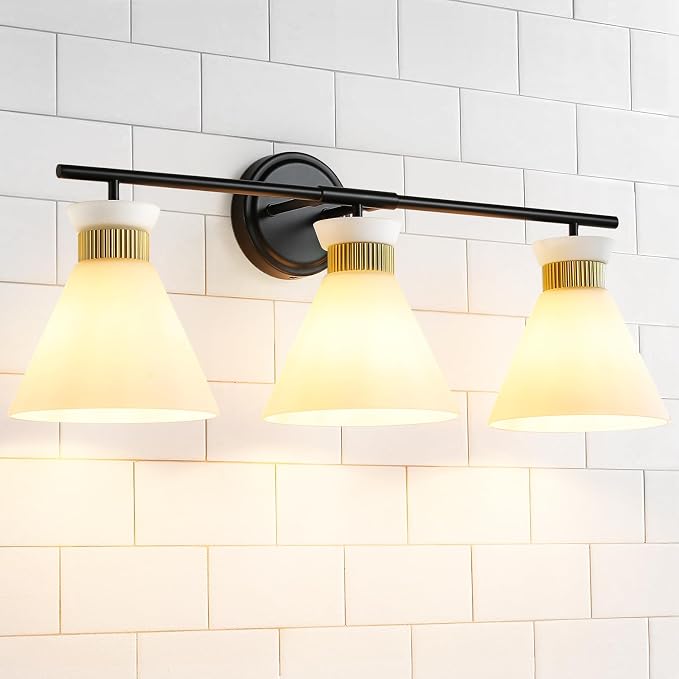 WOSHITU Bathroom Vanity Light Fixtures: 3 Lights Modern Bathroom Lighting Fixtures Over Mirror with Frosted Milky Glass Shade, Black and Gold Vanity Lighting Fixtures Wall Sconce for Bath Bedroom
