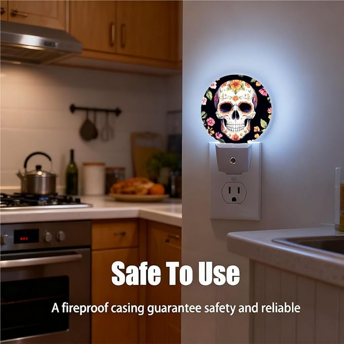 Plug-in Floral Sugar Skull Art Night Light Day of The Dead Skull or Halloween Night Lights Plug into Wall with Auto on/Off Sensor, 0.5W LED Nightlight for Bedroom Bathroom Hallway