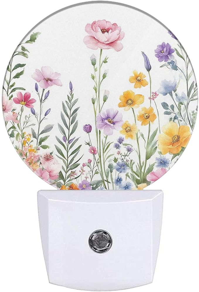 Plug-in Watercolor Wildflower Garden Night Light Floral Flower Meadow Nightlight with Dusk to Dawn Sensor, Auto On/Off 0.5W Energy-Saving LED Lighting for Men Women Boys Girls Gift