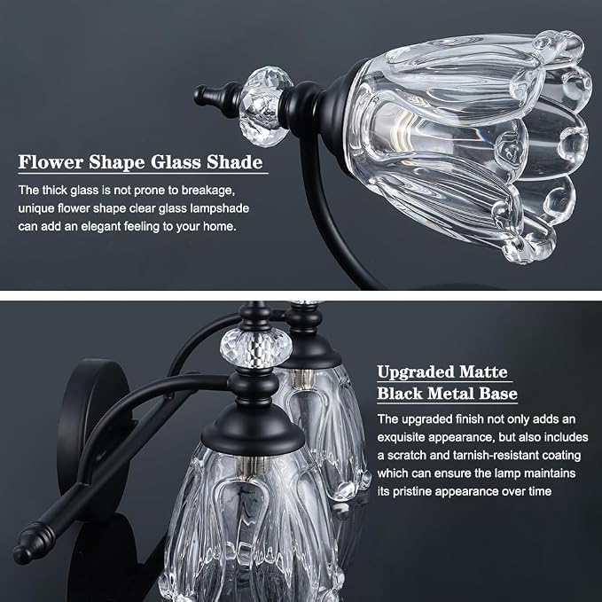 Matte Black Vanity Light, Farmhouse Bathroom Light Fixtures, 2 Light Bathroom Vanity Lights, Flower Glass Shade Wall Sconce Lighting
