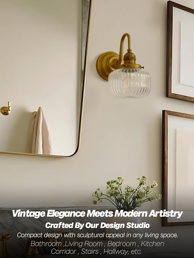 Brass Gold Wall Sconce Vintage Bathroom Vanity Light | Bathroom Sconce,Hardwired Indoor,Aged Brass Finish,Hand-Blown Clear Glass,for Bathroom Mirror Kitchen,E26 Socket