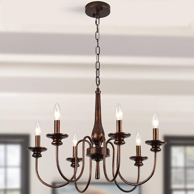 24" Farmhouse Chandelier for Kitchen Island, 6-Light French Country Chandelier with Adjustable Chain, Oil Rubbed Bronze Candle Pendant Light for Dining Room, Living Room, Foyer