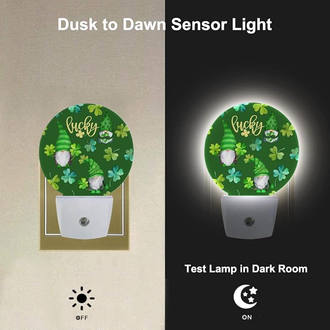 St Patrick Day Cute Gnomes Night Light Lucky Four Leaf Clover Green Night Lights Plug into Wall with Light Sensors Auto on/Off for Holiday Gifts for Boys Girls Women Teen