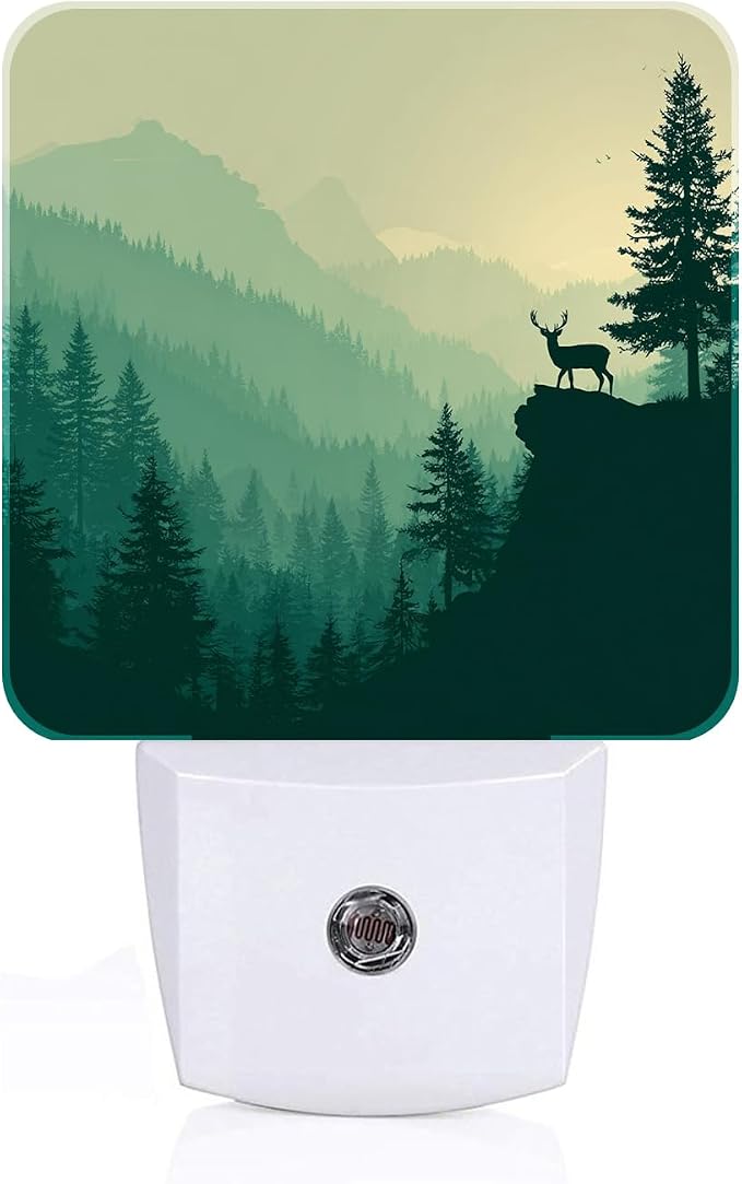 Misty Forests Night Light,Deer and Mountains Plug Into Wall with Dusk to Dawn Light Sensors,Warm Nightlights for Bedroom,Bathroom,Hallway,Kitchen,Gifts Ideal for Boys Girls Women Men