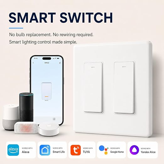 Smart Switch for Light 2 Gang, Neutral Wire Required, 2.4GHz Wi-Fi Switch Compatible with Alexa and Google Home, UL Certified