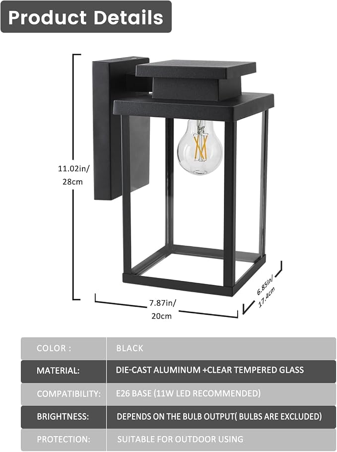 11" Die-Cast Aluminum & Clear Glass Outdoor Wall Lantern for Front Door, Patio and Porch Light E26 Base 60W Compatible Sconce, IP65 Waterproof Wet Location Rated, ETL, UL, CSA Qualified, Black