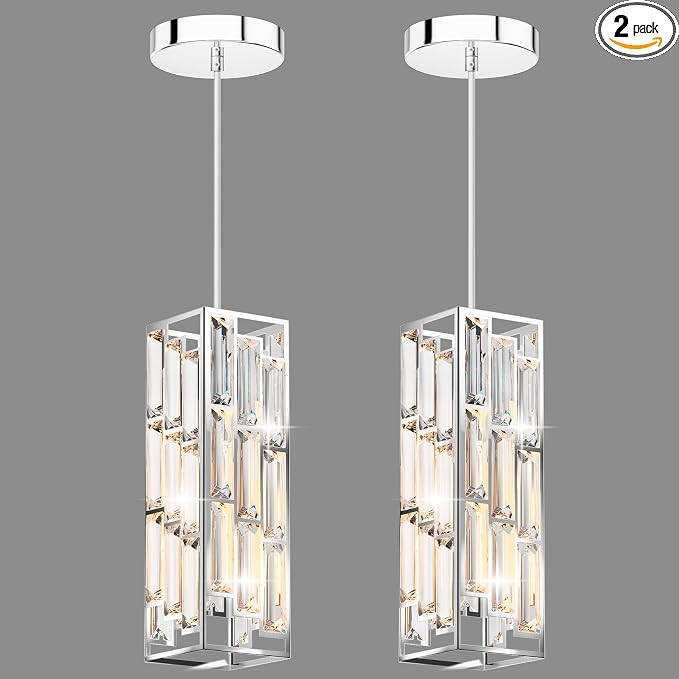 Modern 1-Light Crystal Pendant Light Kitchen Island, Chrome, 2-Pack | Mini Crystal Chandeliers, Height Adjustable Cord, Ceiling Hanging Lighting for Kitchen Island Dining Room Bedroom
