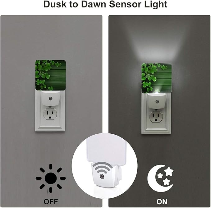 Green Clovers Wood Night Light Set of 2, St Patrick's Day Auto Sensor LED Dusk-to-Dawn Nightlights, Plug-in Sensor Lamp for Bedroom Bathroom Kitchen Hallway Stairs Decorative