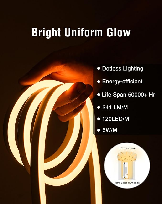 LED Neon Rope Lights 120VAC, 120LEDs/M Lum Strip Lighting End Extendable 2500K Warm White 65ft, Water & Cold Resistant for Outdoor Indoor, 4520LM Bright 8x16mm ETL Listed