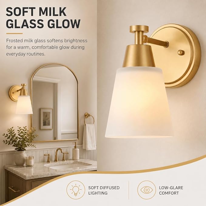 Wall Light Fixtures, 2-Pack Brushed Gold Vanity Lights with Milk Glass Shade, Modern Farmhouse Wall Sconces for Gallery, Mirror, Bedroom, and Bathroom,1 Light