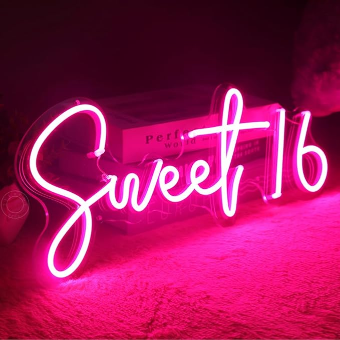 SYLHOME Pink Sweet 16 LED Neon Light Sign 17"X7.3" 5V Sweet Girls Adults Bedroom Happy Birthday Party Wall Decor Beautiful Bestie Sister USB