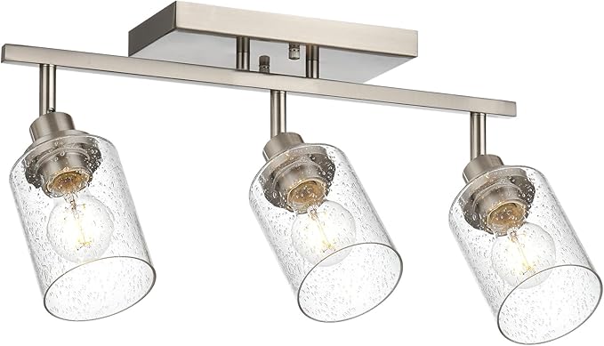 3-Light Brushed Nickel Kitchen Track Lighting Fixtures Ceiling Mount Track Lighting Kit with Bubble Seeded Glass Shade Modern Bathroom Tracking Vanity Lights Ceiling Tracking Accent Shop Light