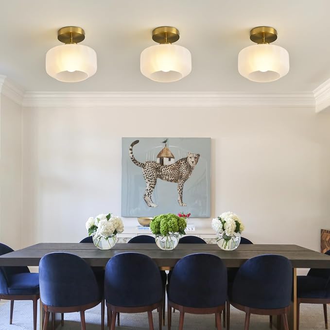 Industrial Gold Matte Light Fixtures Ceiling Mount, with Frosted Glass Shades Semi Flush Mount Ceiling Light, for Hallway Fixtures Kitchen, Foyer