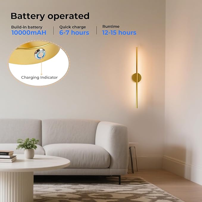 Battery Operated Wall Sconces Set of 2, 10000mAh Wireless Rechargeable Wall Lights Dimmable Detachable Wall Lamp with Remote Control, 3000K-6500K Dimmable Wall Sconce 28.3 Inch Gold