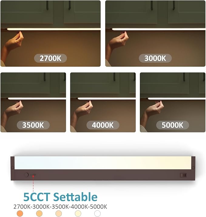 Under Cabinet Lighting Plug in or Hardwired Built-in Dimmer, 24 Inch 12W, 5CCT 2700/3000/3500/4000/5000K, Linkable Counter Lights for Kitchen, ETL Dimmable LED Light Fixture, Bronze
