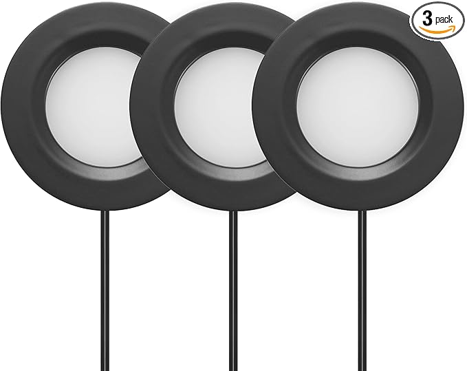 Getinlight 2.75" Under Cabinet LED Puck Lights Kit, Plug-in 12V Set with in-Line Dimmer, 3000K Warm White, Recessed or Surface Mount, ETL Listed, 3-Pack, IN-0102-3-BK