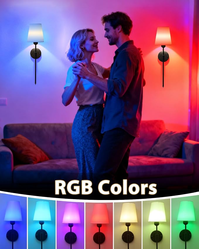 Adetu Wall Sconces Set of 2, Battery Operated Wall Sconce | 10000mAh Magnetic Bulbs and Remote, RGB & 5%-100% Dimmable Rechargeable Wall Lights for Bedroom Living Room Hallway Decor
